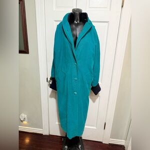 Vintage Womens Trench Coat Teal Thick Plaid Long 1980s 1990s
